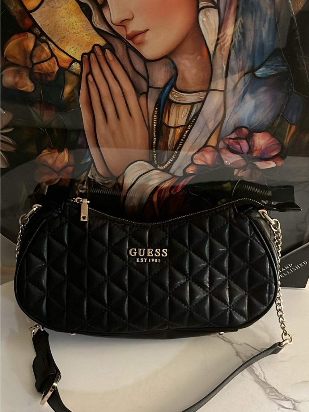 GUESS Black Quilted Shoulder Bag with Chain Strap